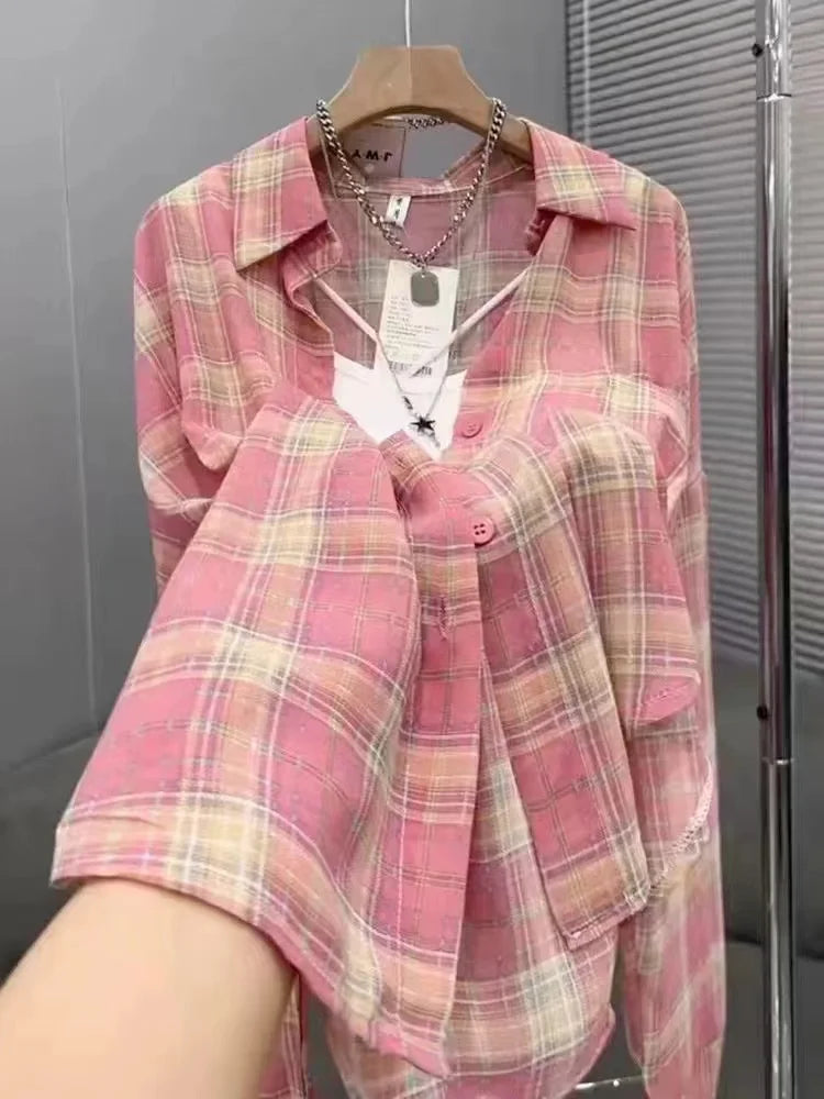 2024 New Red Black Checkered Long Sleeve Sunscreen Shirt for Women's Spring and Autumn, Loose and Lightweight Shirt Top Outer