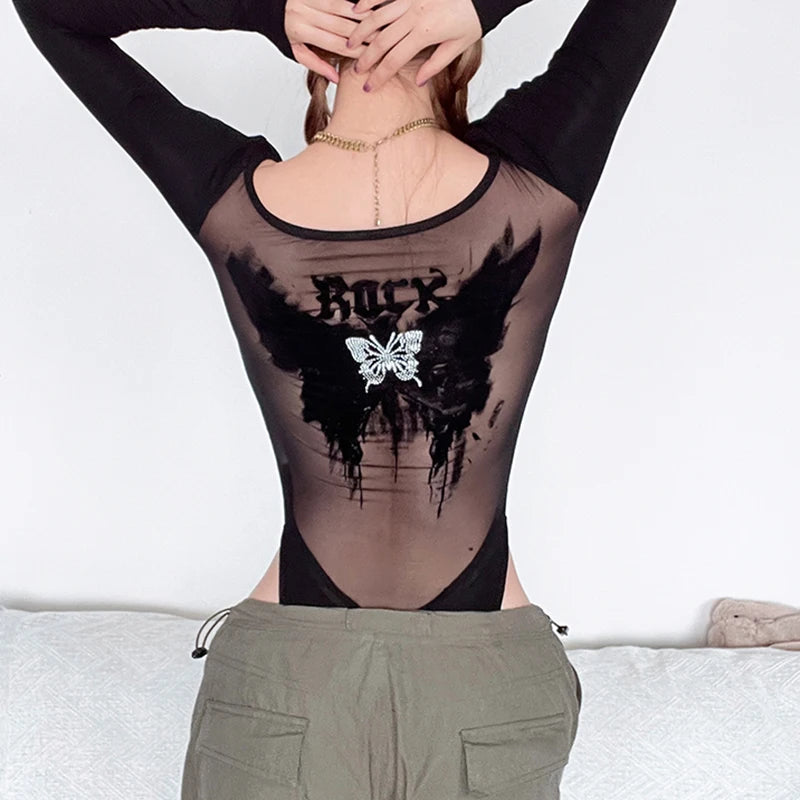 HEYounGIRL Gothic See Through Back Butterfly Print Rhinestone Bodysuit V-neck Long Sleeve Black Sexy Bodsuit Top Street Wear