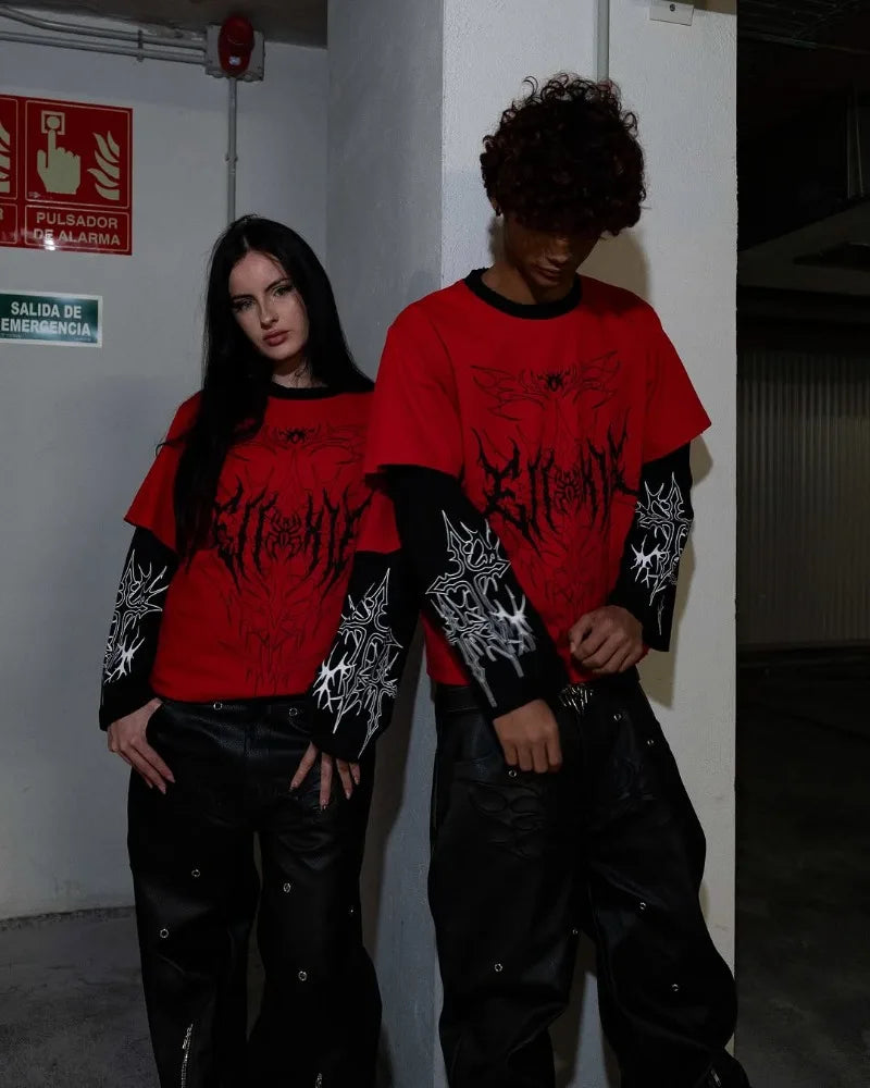 Y2k Men clothing hoodie Harajuku Fashion print long sleeve patchwork sweatshirt Retro high street trend couple loose hoodie