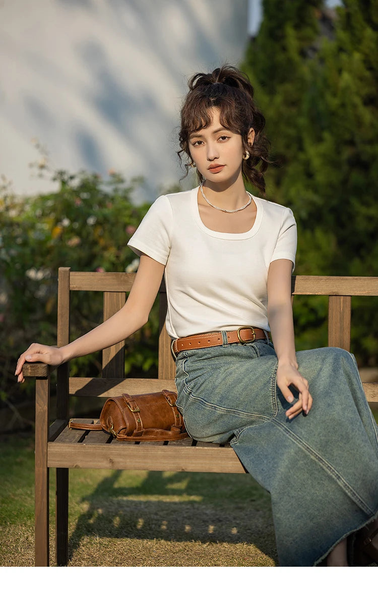 MISHOW Short Sleeve T-shirts Women Spring Solid Square-neck Top Elegant Woman Clothes Office Lady Cotton Tees MXC12T0641