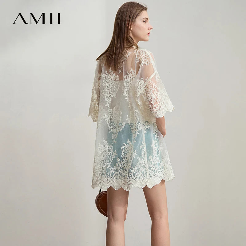 AMII Minimalist Office Lady Print Shirts Women Summer 2025 Short Sleeve Turn-down Collar Loose Blouses Female Fashion 12542155