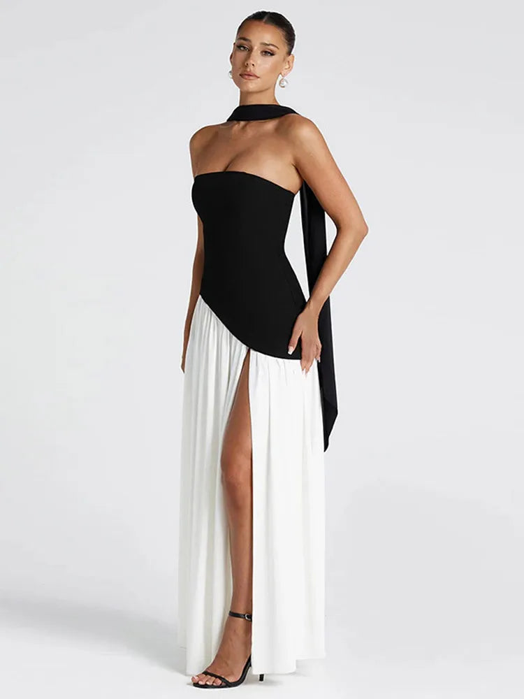 Butter Yellow Scarf Neck Split Long Dress Women Elegant Strapless Slim Fit High Waist Vestidos 2025 Lady Evening Party Gowns New