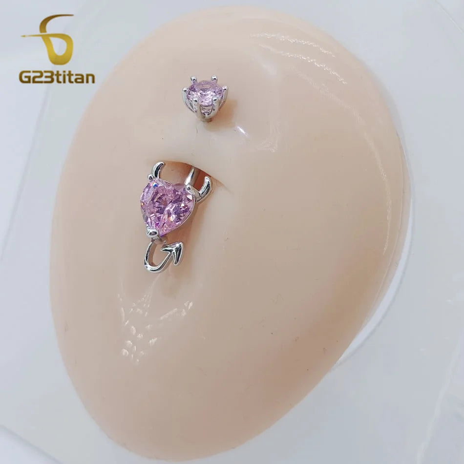 G23Titan Sexy Evil Heart Belly Button Ring Pink CZ Zircon 14G Titanium Navel Piercing Bar Women's Body Party Jewelry Accessories