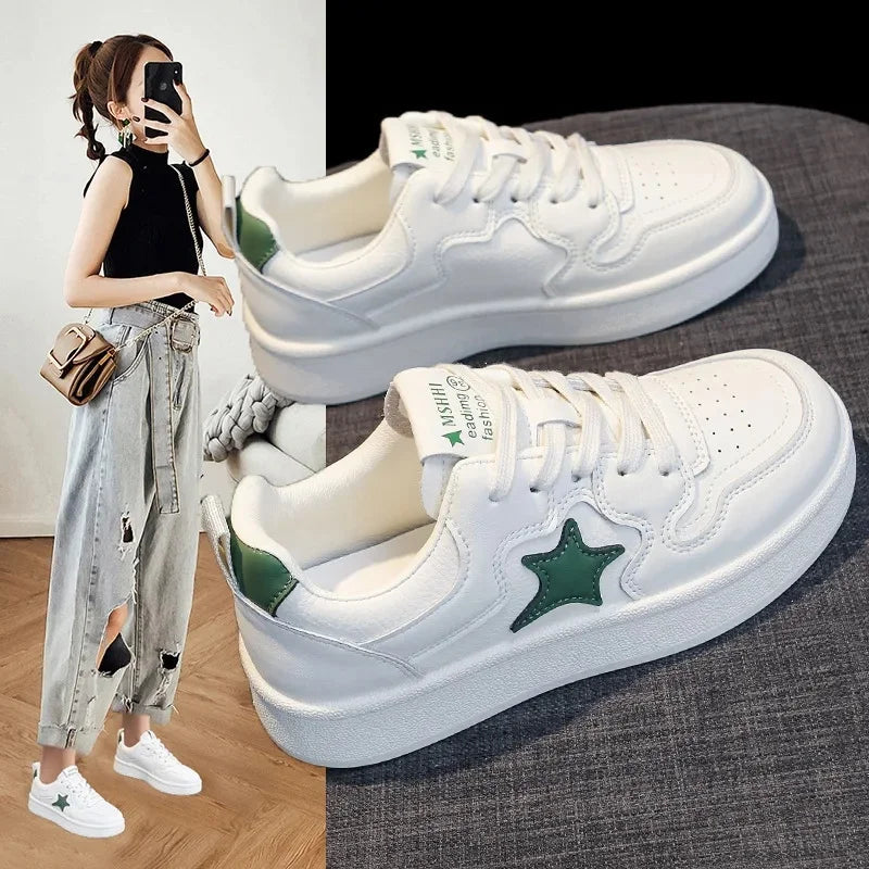 Women's Star Design Thick Bottom Sneakers Soft Sole Student Low Top Shoes Breathable Polyurethane Upgraded Spring 2025