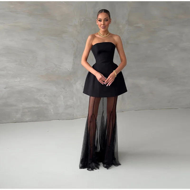 Elegant Lace Long Skirt Set Women Strapless Tube Top Short Dress Floor-Length Mermaid Skirts 2025 Summer Lady Party 2 Pieces Set