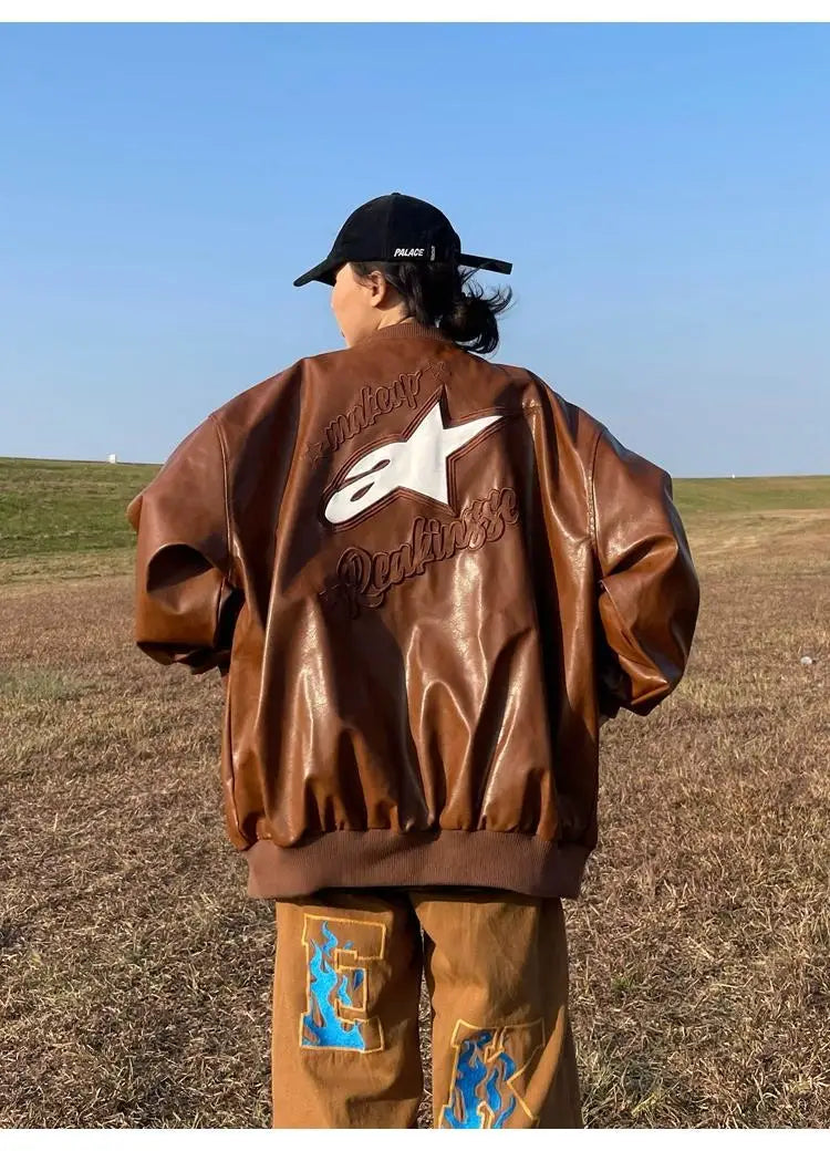American retro letter embroidery leather Jacket Coat women's Y2K street hip-hop trend baseball suit couple casual leather jacket