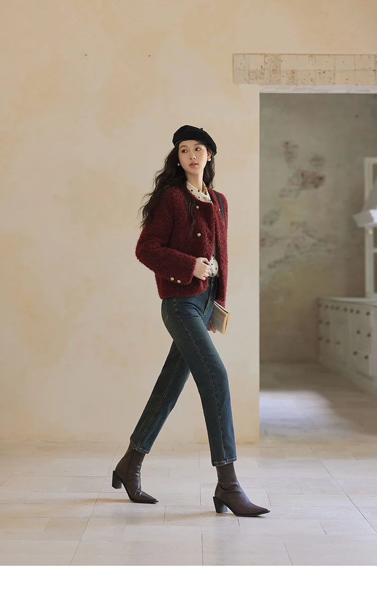 MISHOW Wave Point Long Sleeve Brushed Blouse Rabbit Ear Collar 2024 Winter Women Clothes Temperament Thickened Shirts MXD56X1697