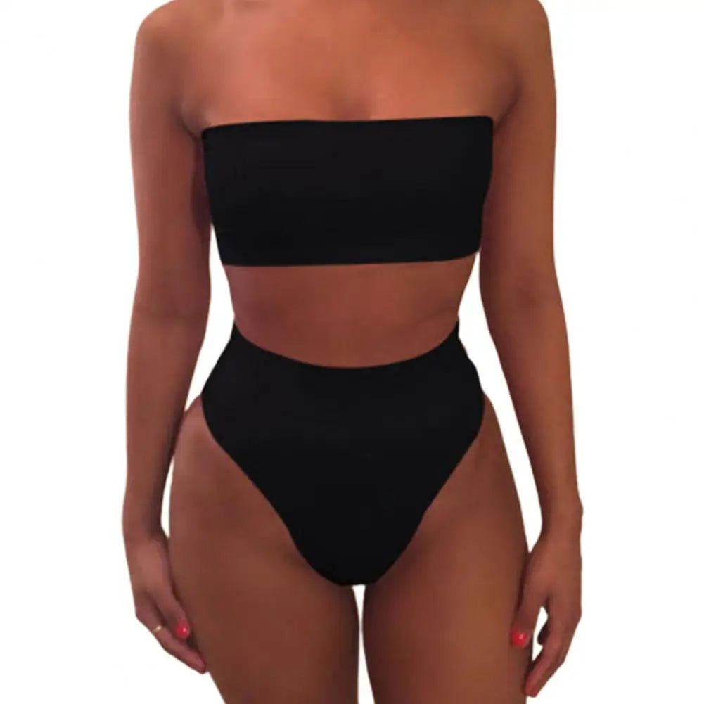 2 Pcs/Set Bikini Set Solid Color Elastic High Waist Strapless Female Bathing Suit Beachwear Summer Lady Swimsuit for Swimming