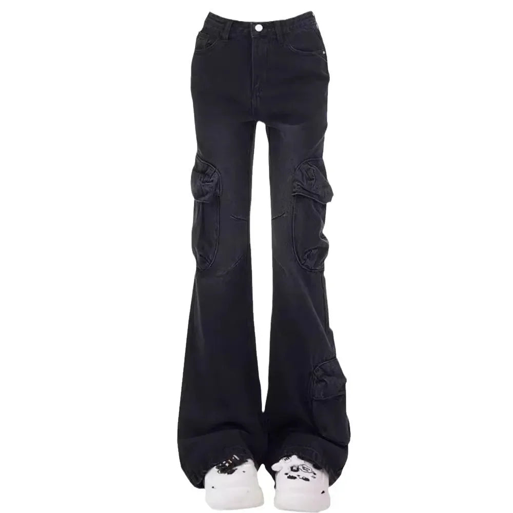 American Style Vintage Black Grey Micro Flared High Waisted Slimming Jeans For Women Trendy Niche Fashion Black Bell Bottom Trou