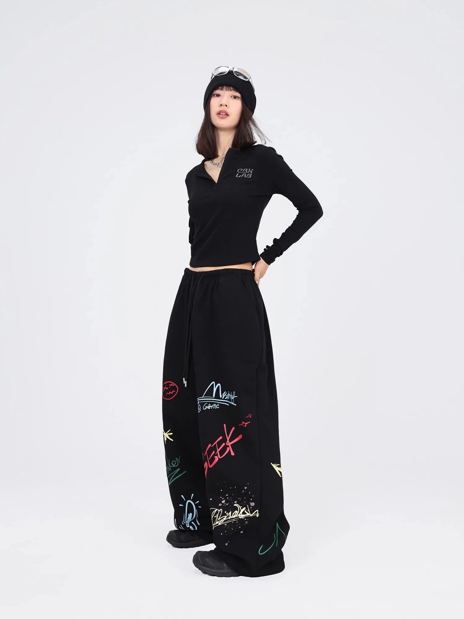 CBXLAB Street Dance Women' s Black color graffiti hip hop long pants autumn and winter street jazz soft and firm dancing sports
