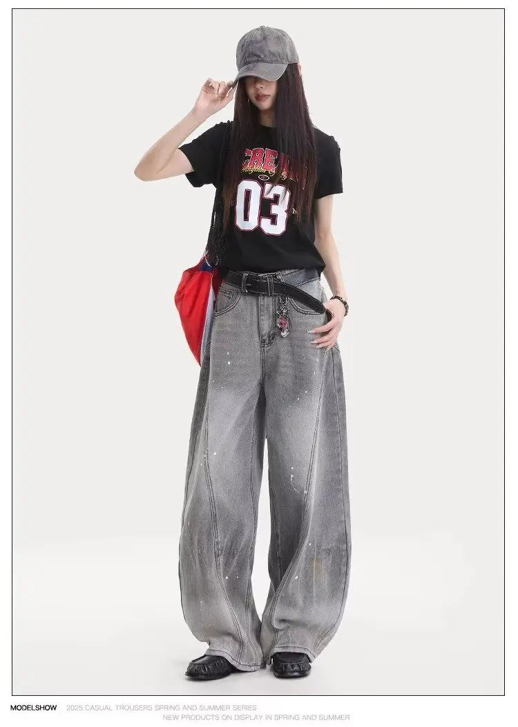 American retro washing smoke grey ink jeans scimitar straight wide-leg lazy style casual trousers Korean style