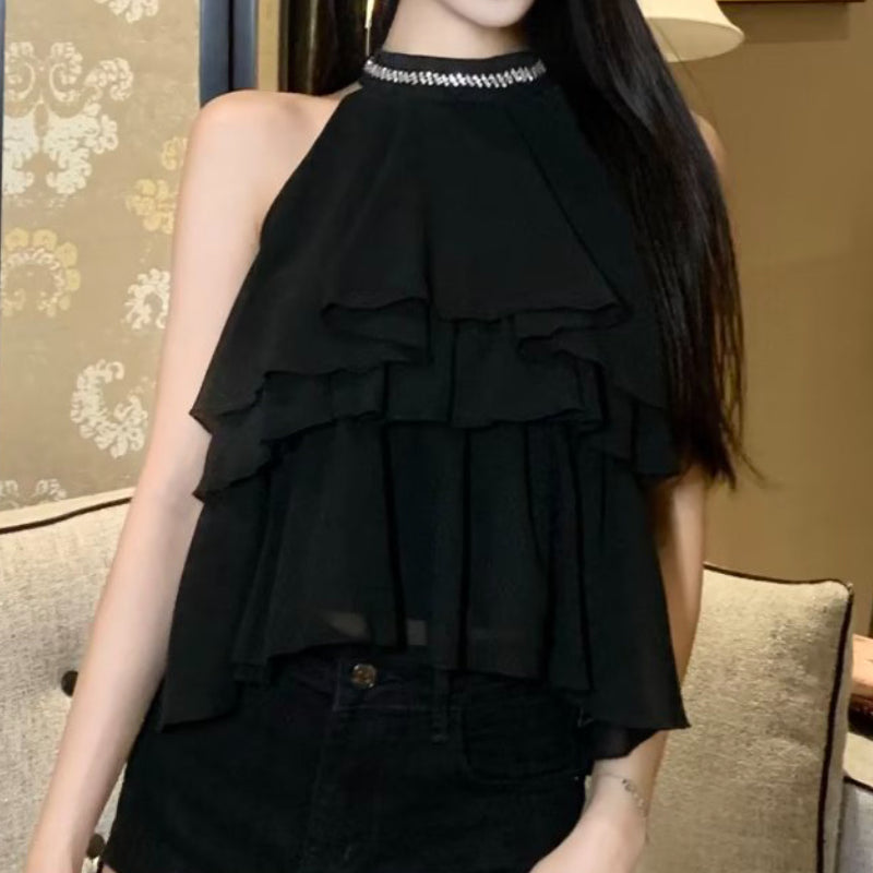 OCEANLOVE Halter Ruffles Blouses Women Tops Solid Summer Korean Fashion Sweet Blusas Mujer Sleeveless Loose Vintage Shirts