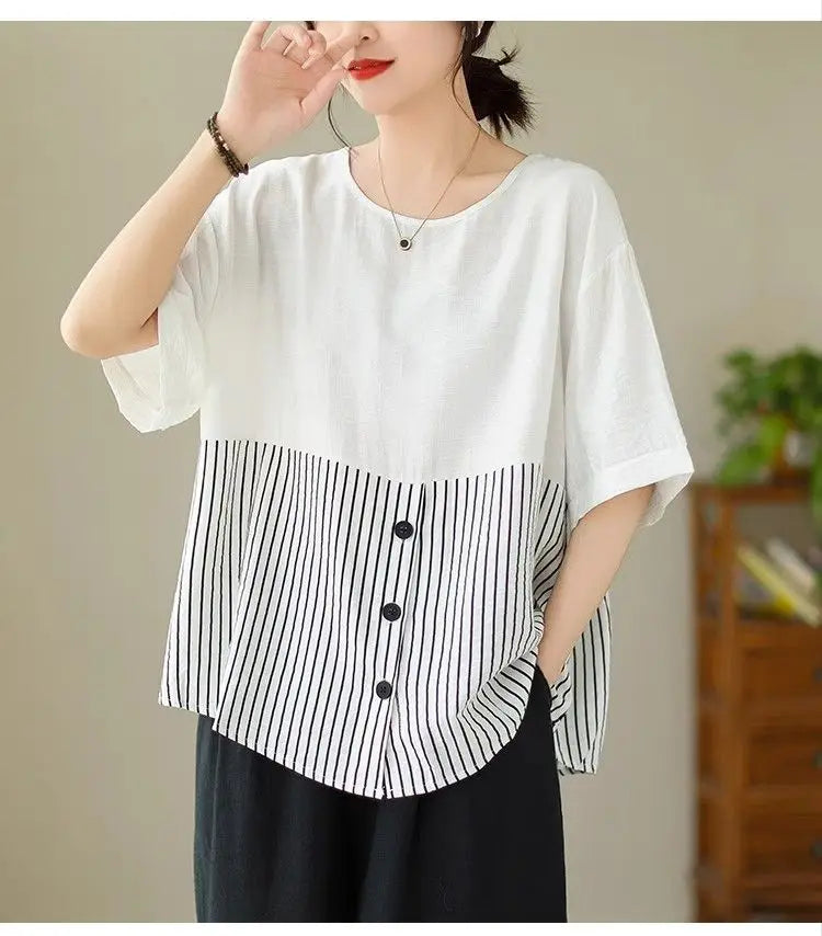 Summer New Plus Size Women's Fashion Striped Patchwork Tops Tees Youth Short Sleeve Loose Vintage T Shirts Casual Trend Clothing