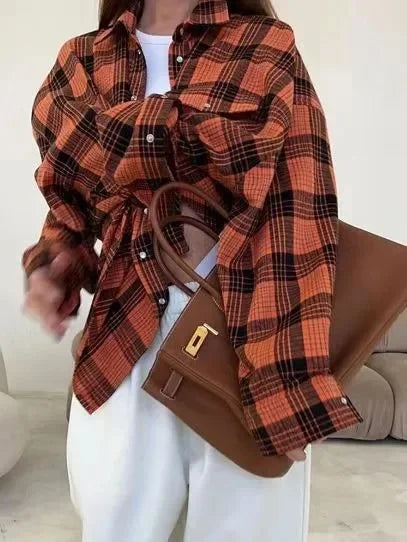 Retro Style Women's Loose Shirt Spring Autumn Plaid Fashion Versatile Casual Button up Cotton Polyester Blend Chinese Origin