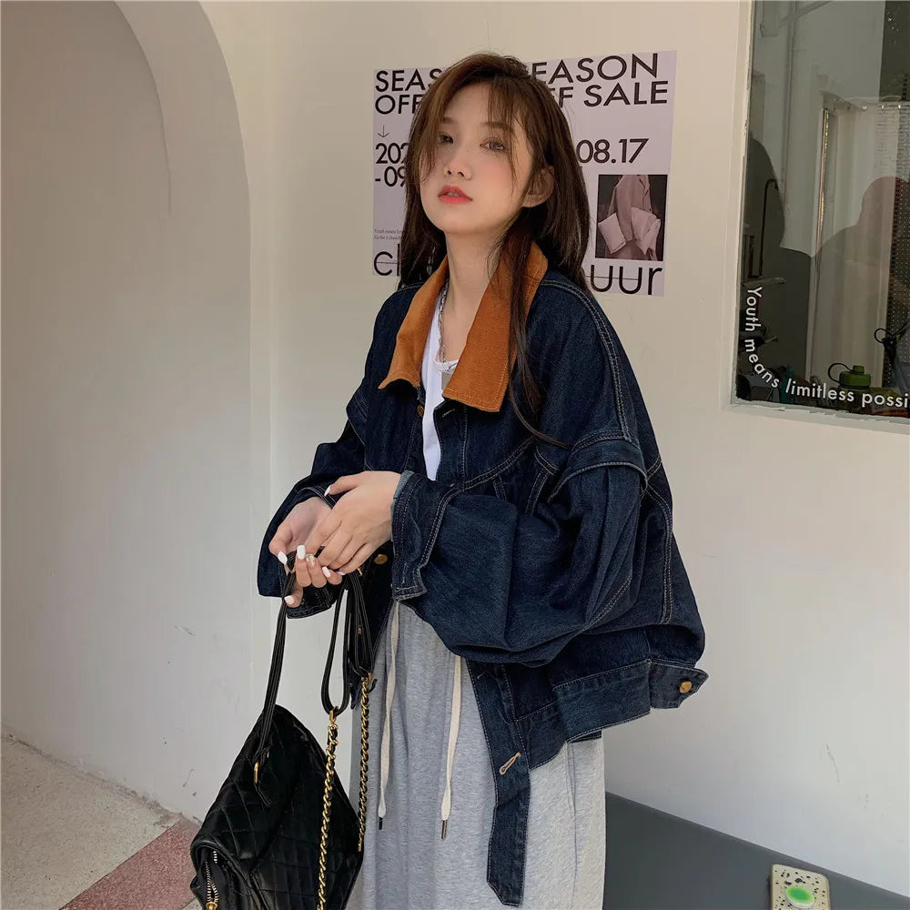 Women's Corduroy Collar Denim Jaet ort Loose Fit Autumn Winter plus Size Versatile Retro Sle Top for Full Figured Ladies