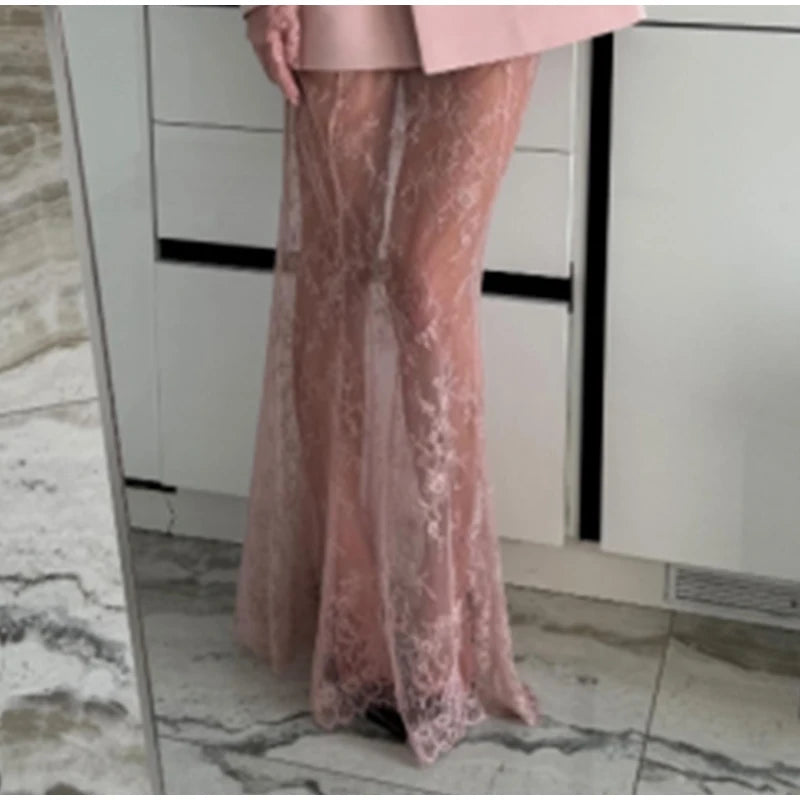 Elegant Lace Long Skirt Set Women Strapless Tube Top Short Dress Floor-Length Mermaid Skirts 2025 Summer Lady Party 2 Pieces Set