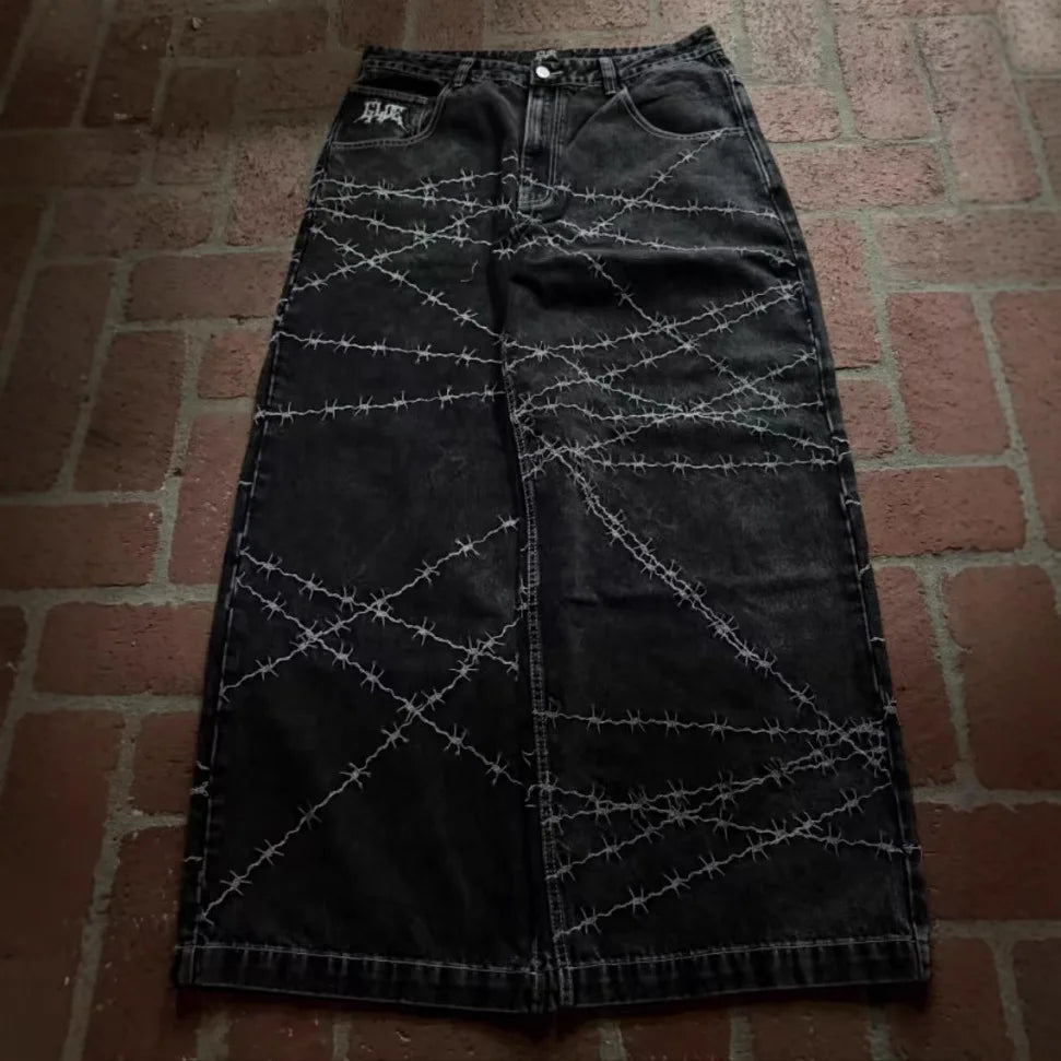 Jeans y2k high street hip hop loose wide-leg casual pants men's pants jeans street wear printed gothic style trousers hot sale