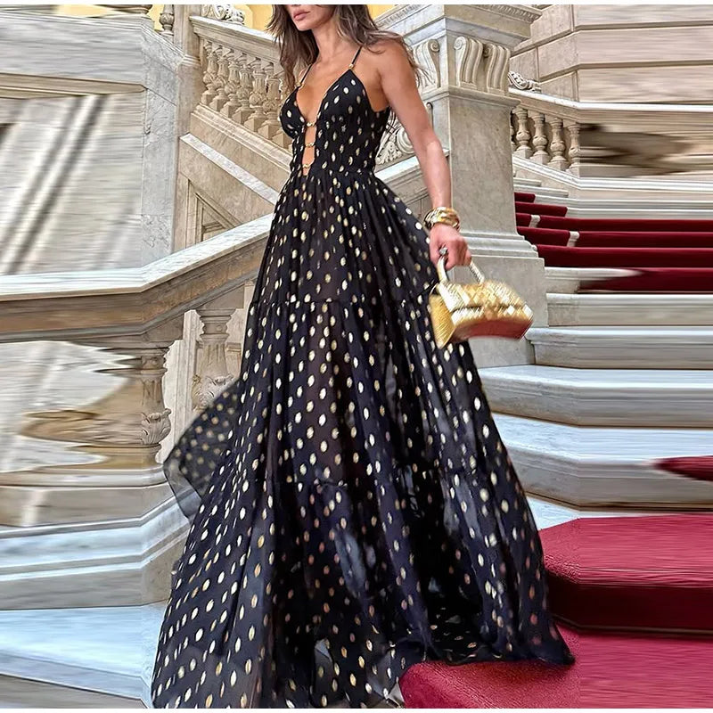 Retro Polk Dot Long Dress With Ribbon Women Sexy Low Cut Sleeveless Pleated Slim Evening Dresses Female Spring Chic Street Party