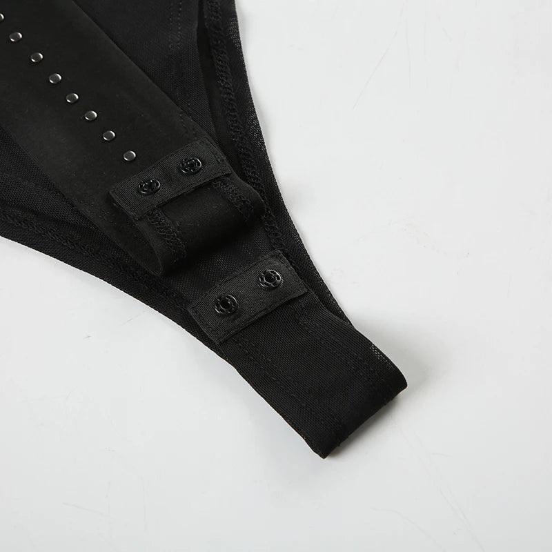 IAMSURE Sexy Patchwork Mesh Bodysuits See Through Turtleneck Long Sleeve Rompers Women 2024 Autumn Spring Fashion Streetwear