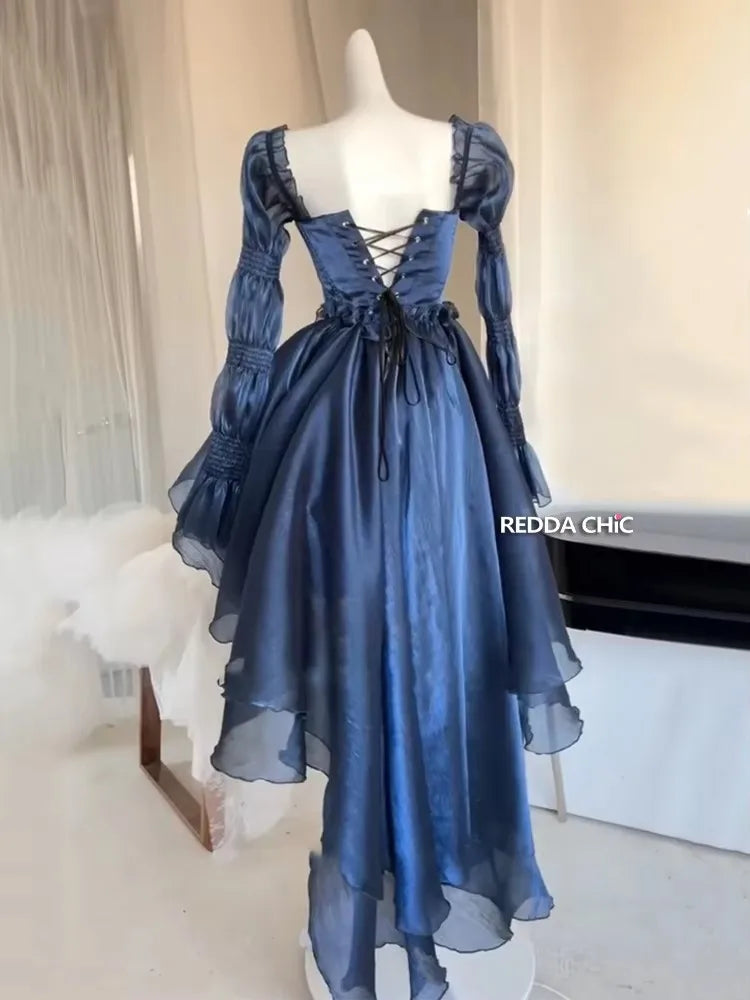 REDDACHiC Royal Blue Beaded Trailing Mini Dress Stain Jacquard Corset Laced Puff Sleeves Princess Dress Women Wedding Party Gown