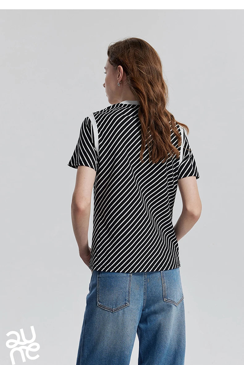 TOYOUTH Women Short Sleeve Striped T shirt 2025 Spring New Tops 8521021