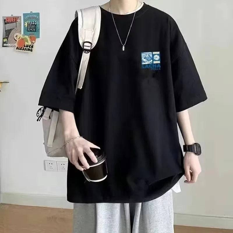 8XL Korean Loose Fitting T-shirt Fashion American Japanese Fuji Printed T-shirt with Soft Men Versatile Double Outfi