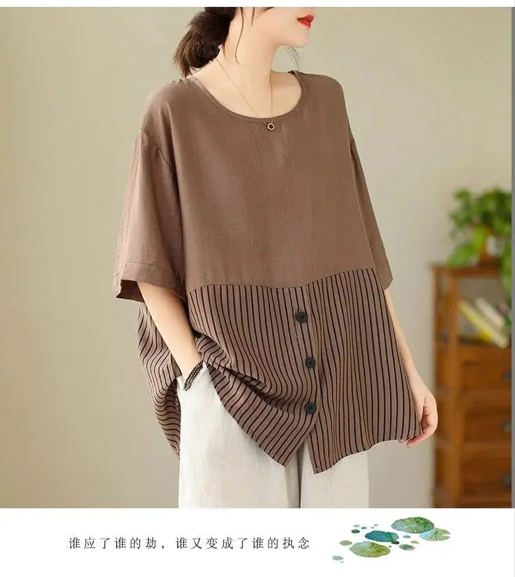 Summer New Plus Size Women's Fashion Striped Patchwork Tops Tees Youth Short Sleeve Loose Vintage T Shirts Casual Trend Clothing
