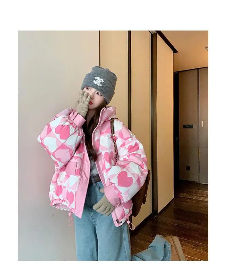 Duck Down Coat for Women, Loose and Thicken Hooded Parkas, Printed Outerwear, Female Bread Jackets, Winter Clothing, New, 2024