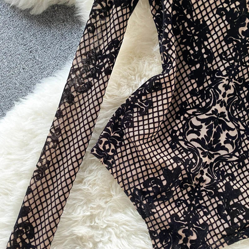 Autumn New Floral Print Bodysuit for Women Fashion Streetwear Elegant Stand Collar Long Sleeve Tight Fit Mesh Body Top Chic 2024