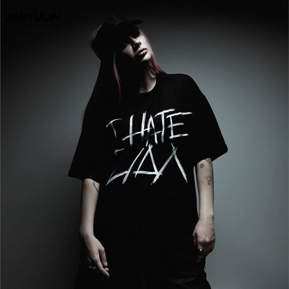 Hip Hop Streetwear Oversized Men Clothing Short Sleeve I Hate Lida Graphic Print Y2k Tops Tee Harajuku Goth Korean Tshirt Cotton