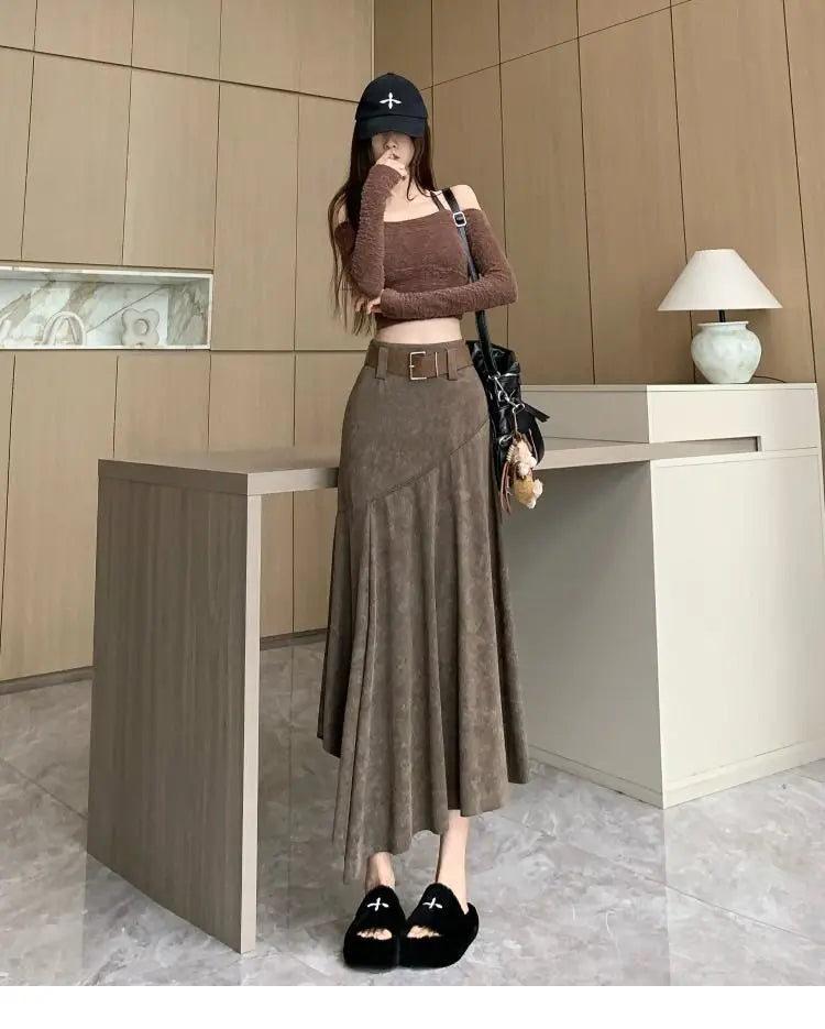 Women Clothing Autumn Korean Fashion Vintage High Waist Asymmetrical Skirts Female Elegant Chic Tie Dye Slim Long Skirt Faldas