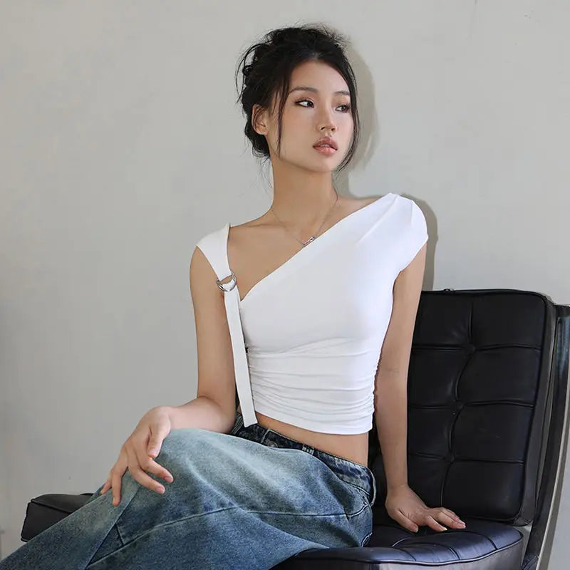 Summer T-shirts Women Sexy Folds Sweet Irregular Bandage Design Slim Chic Skew Collar Crop Tops Aesthetic Club American Clothes
