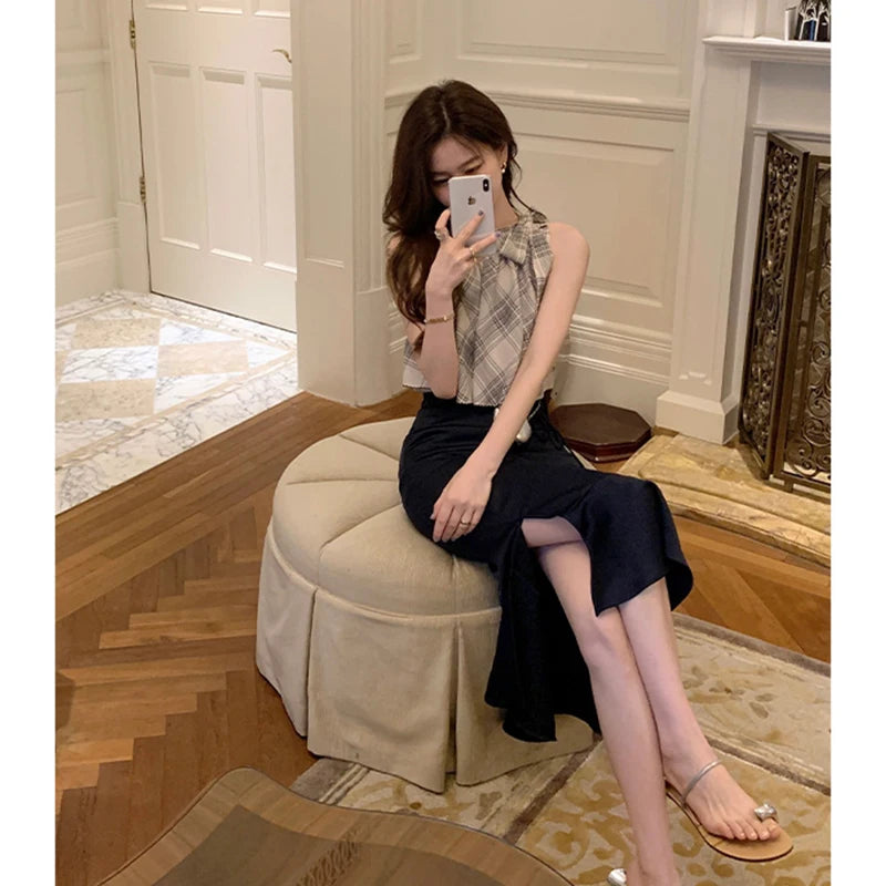 Korean Sle Pure Desire oulder Bared Chiffon Top Women's Summer Ne Hanging Belted Svel round Ne Dr