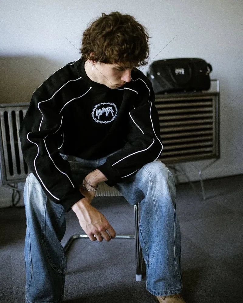 Punk Fashion Striped Casual Round Neck Oversized Hoodies Men New American Street Hip-hop Harajuku Retro Y2K Loose Sweatshirt