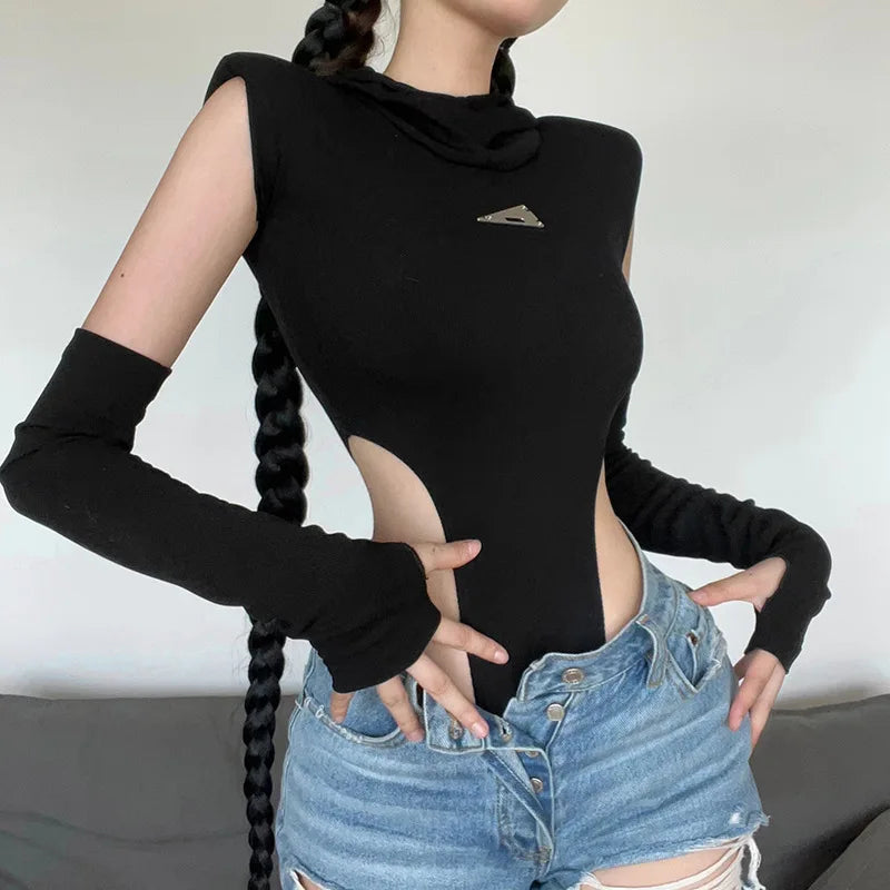 Fashion Solid Color Hooded Bodysuit One Piece Sexy Round Neck Sleeveless Lingerie Sexy Casual Slim Streetwear Festival Outfit