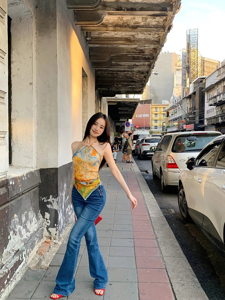 Tonngirls Vintage Tie Dye Tank Tops Women Sleeveless Lace Up Y2k Retro Camis Tops Backless Summer Korean Style Tank Tops 2000s