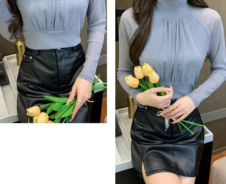 Sequin Long Sleeve T Shirt for Women Rhinestone Slim Plain Glitter Tops Woman Korean Popular Clothes With Sleeves Pulovers Kpop