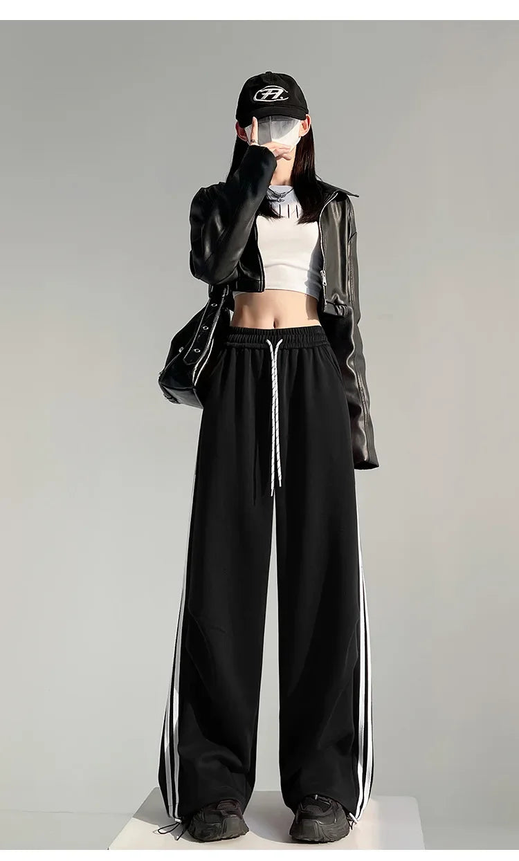New 2025 American Stripe Sports Pants Women's Spring Autumn Wide Leg Loose Jazz Dance Casual Parachute Long Trousers