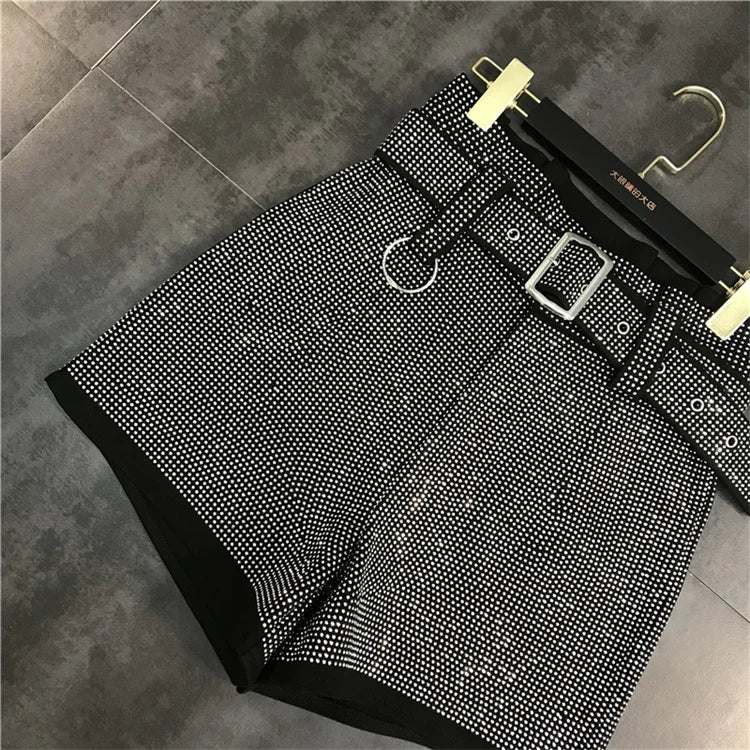Women Black Rhinestone Belt Shorts New Arrivals High Waist Fashion Temperament summer Autumn Female Streetwear Short Ropa Mujer