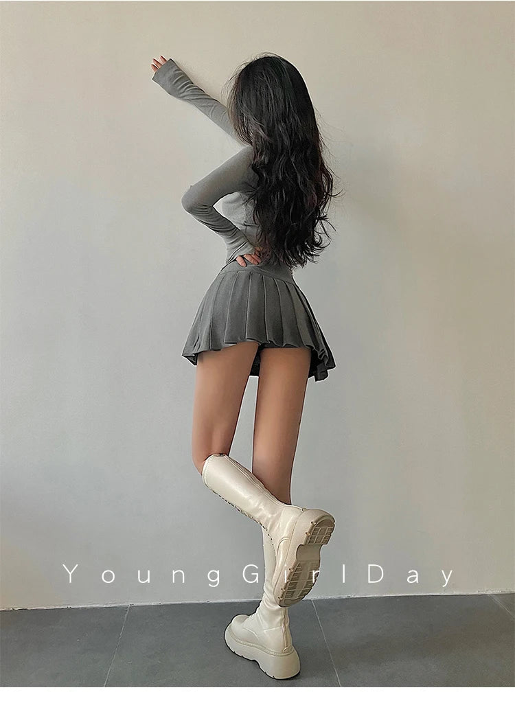 HOUZHOU Sexy Pleated Mini Skirt Women Fashion 2024 Grey Side Split High Waist A-line Slim Short Skirts Korean Y2K Skort Preppy
