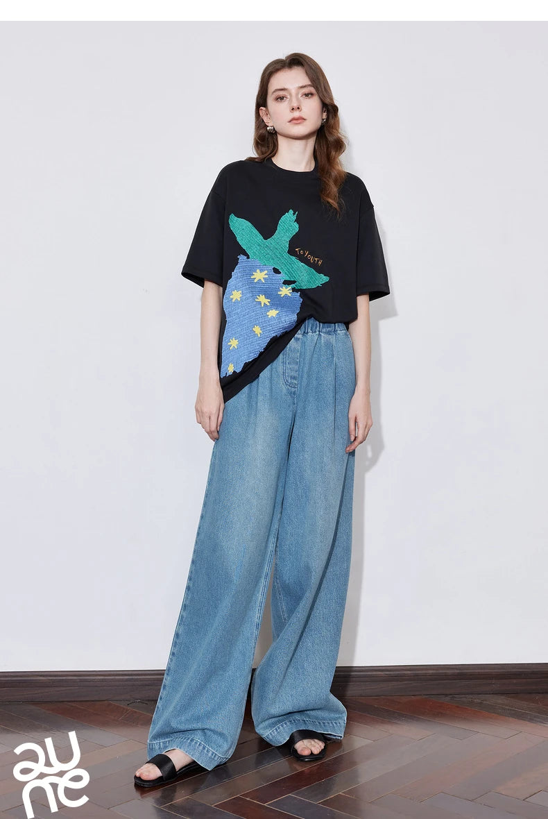 TOYOUTH Women Short Sleeve T-shirt 2025 Spring New Striped Strawberry Embroidered Round Neck Loose Pullover Tops