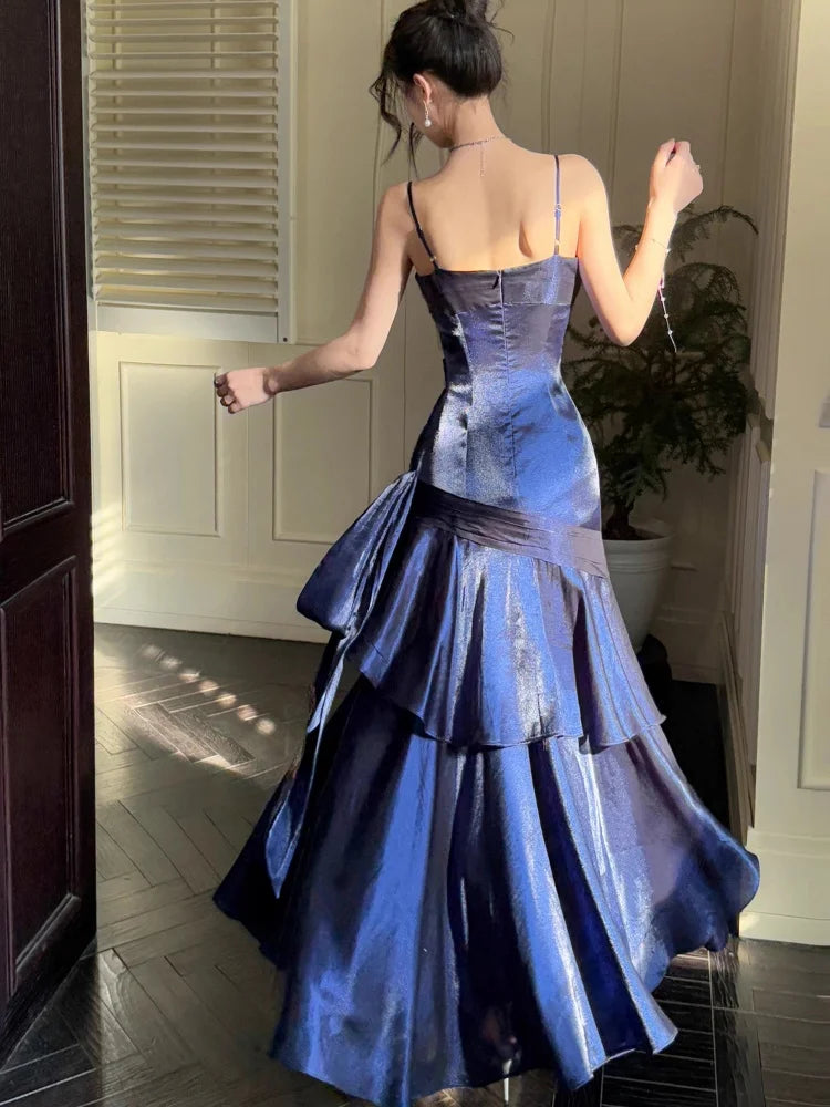 Elegant Romantic Party Women's Spaghetti Strap Dress Female Blue Ruffles Slim Fit Mermaid Dresses Chic Banquet Formal Gown