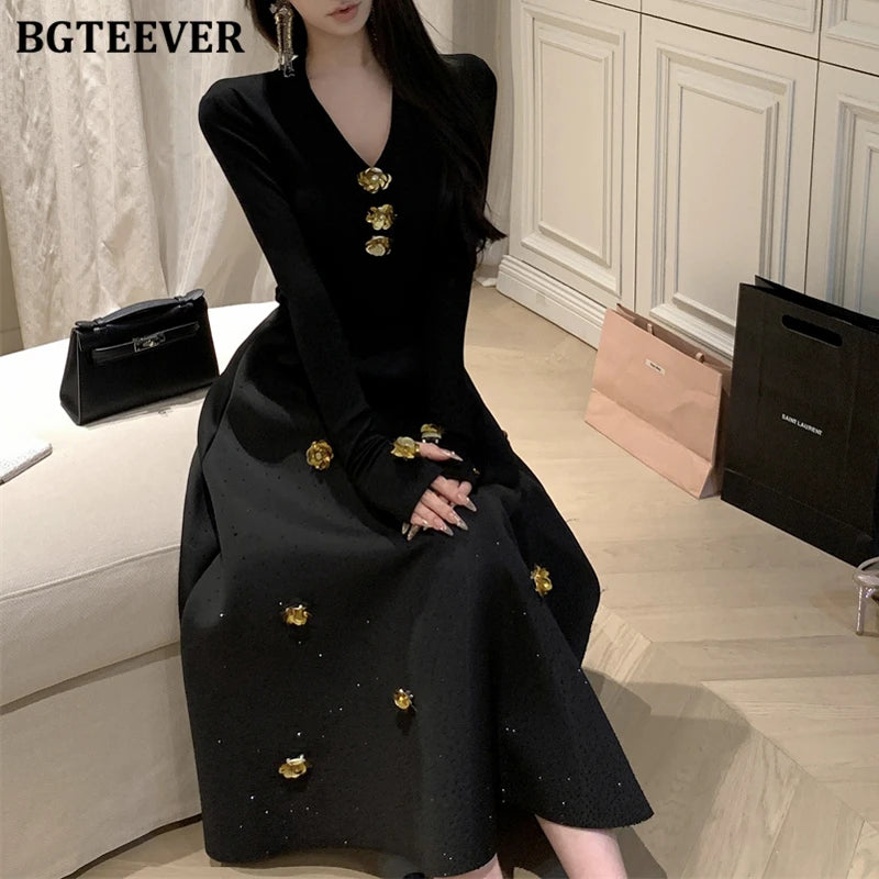 BGTEEVER Spring Elegant Ladies 2 Pieces Skirt Set Long Sleeve V-neck Pullovers & High Waist Loose A-line Skirts Women Outfits
