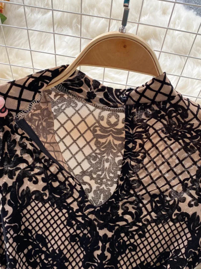 Autumn New Floral Print Bodysuit for Women Fashion Streetwear Elegant Stand Collar Long Sleeve Tight Fit Mesh Body Top Chic 2024