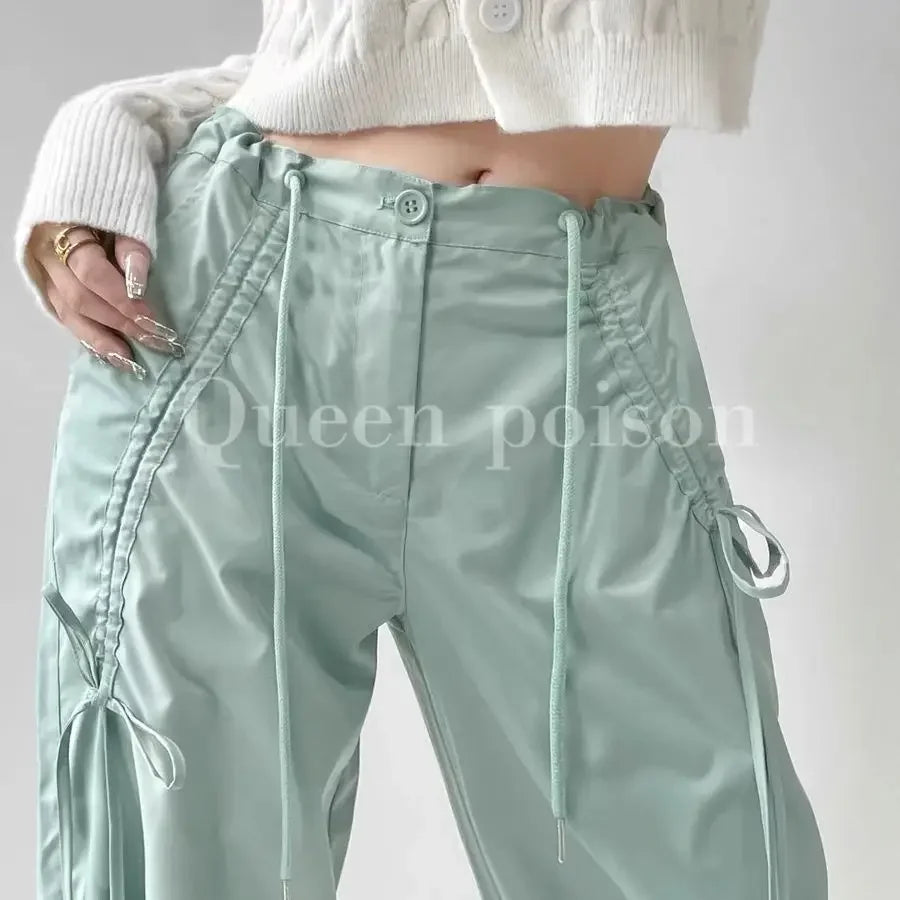American Style Women's Summer Cargo Pants With Bowmint Green Drawstring Casual Bell Bottoms New 2024 Fashion Trend Long Pants