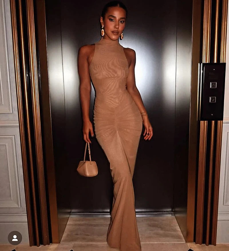 Mozision Sleeveless Ruched Sexy Maxi Dress For Women Gown Fashion Two Layer Mesh Bodycon Club Long Dress Vestido Elegant