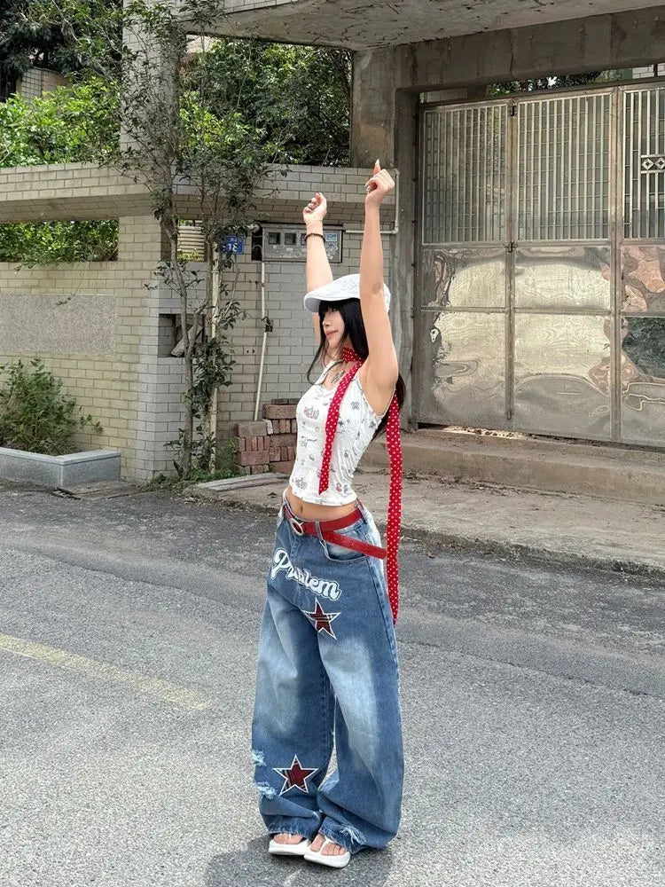 Blue Gothic Ripped Jeans Women Summer Baggy Aesthetic Denim Trousers Harajuku Oversize Jean Pants Vintage 2000s Trashy Clothes