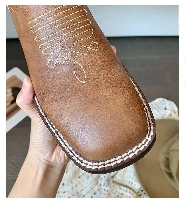Fall Women Mid-calf Boots 2025 Vintage Leather-covered Brown Western Cowboy Boots Embroidered Chunky Heel Thigh-high Knight Boot