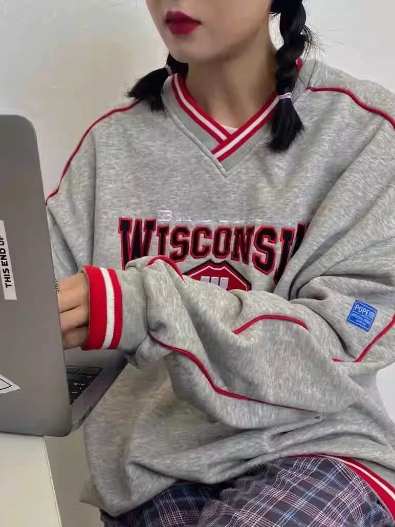 Retro American V-ne Letter Embroidery Pure Cotton College BF Sle Loose Fit Thin Hoodie Women's Autumn Baseball Jaet