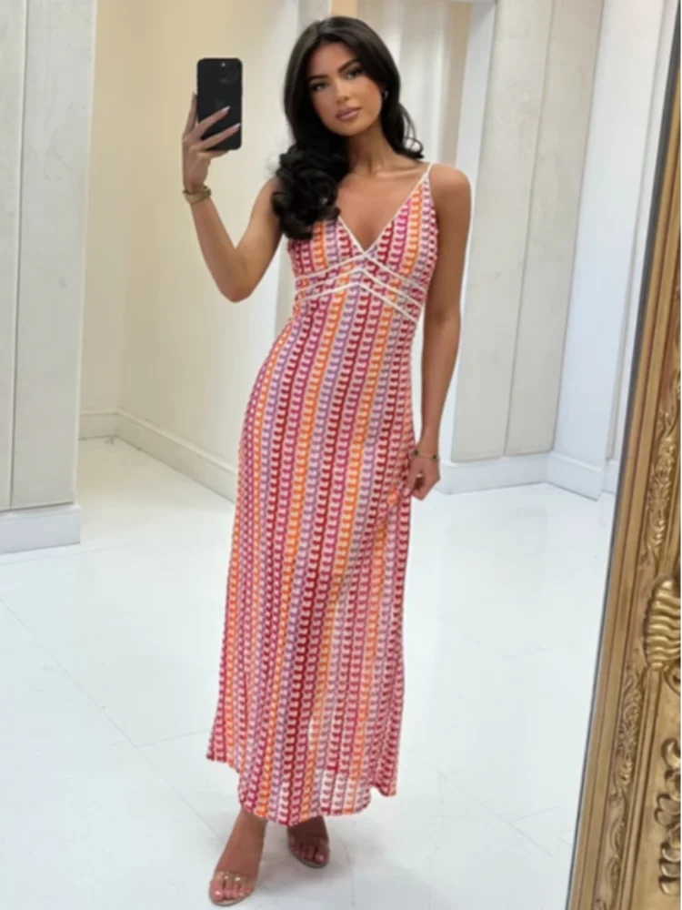 Sexy Printed Colorful Deep V-neck Crochet Maxi Dress Women Chic Sleeveless Backless Sling Slim Vestido 2025 Lady Vacation Robes